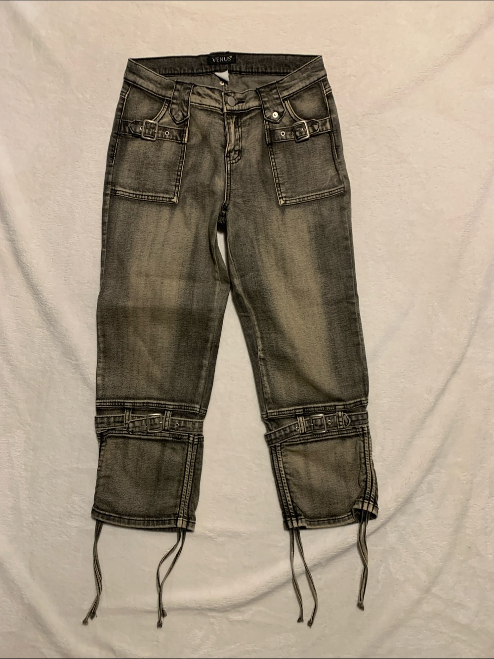 Venus  Jeans stone wash buckles drawstring legs cropped Size 4